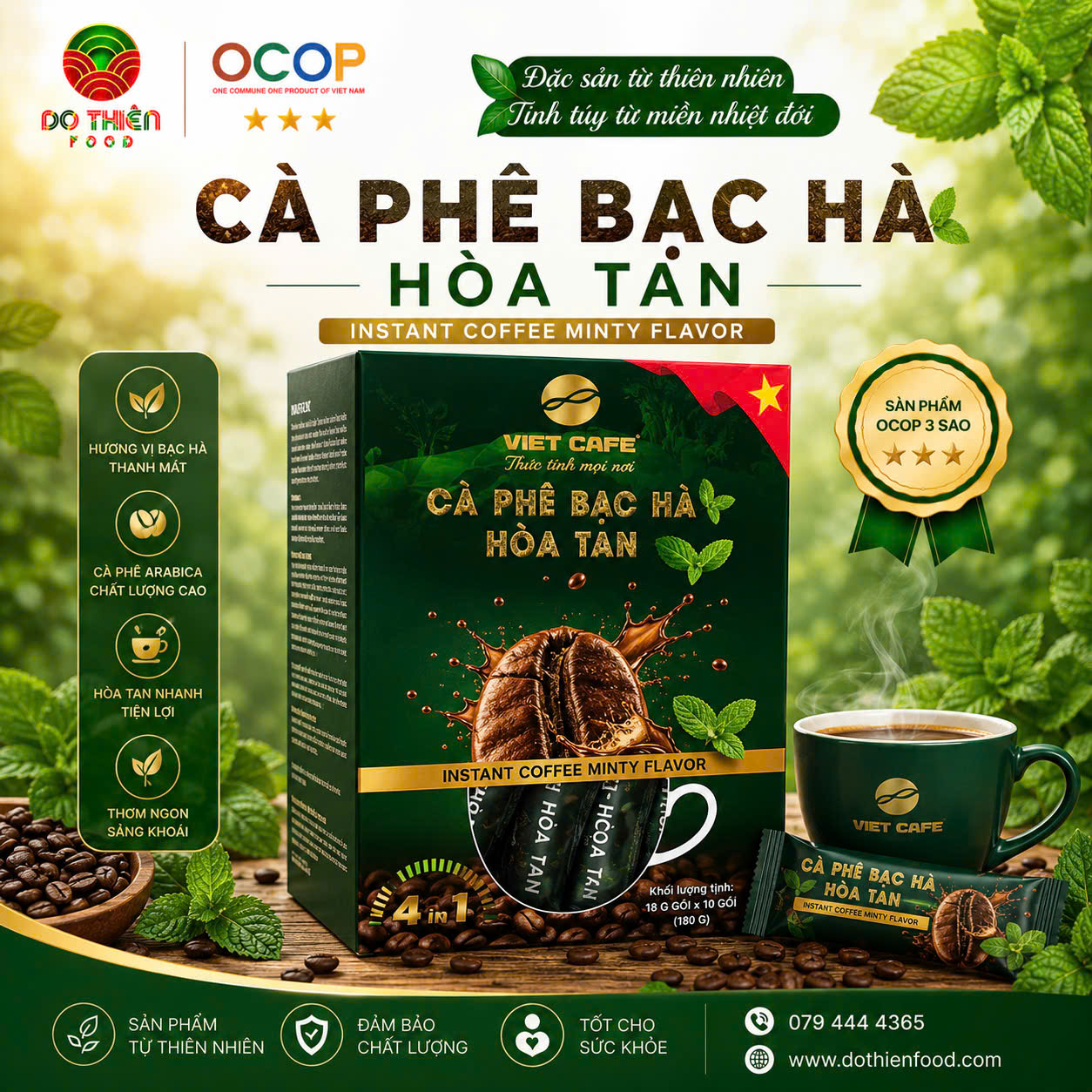 Cà Phê Bạc Hà Hòa Tan 180 gam (1 hộp gói, 1 gói 18gam)